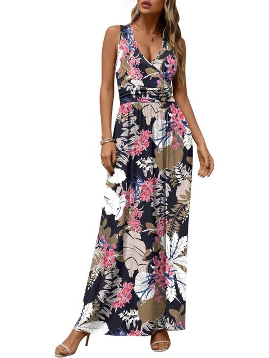 Dresses & Skirts - Women's Leaf Pink Flower Sleeveless Summer Casual Formal Long Pockets Maxi Dress
